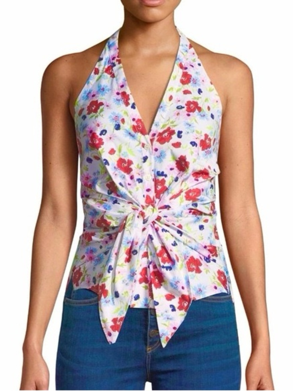 Veronica Beard Vea Floral Tie Front Halter Top, Adjustable Tie, V-Neck, Sz 8